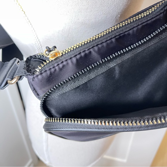 Convertible Crossbody Shoulder Black Nylon Fabric Small Zip Bag Gold Adjustable - Picture 16 of 16